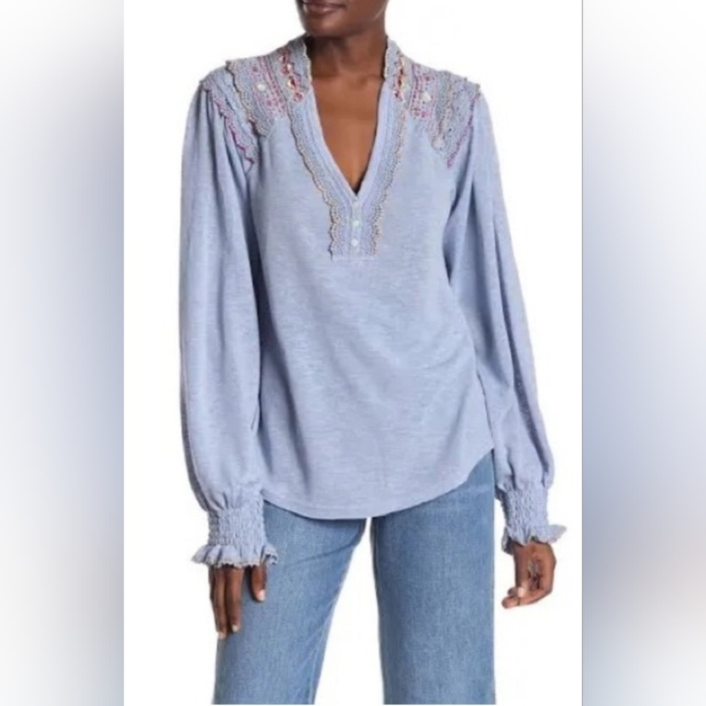 Free People Light Blue Embroidered Long Sleeve Tee